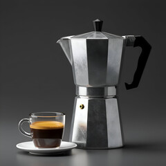 Aluminum espresso maker and cup of coffee on a dark gray surface. A simple, modern still life showcasing a coffee maker and a cup of espresso.