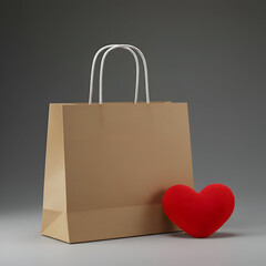 Beige paper shopping bag with white handles alongside a red heart-shaped object. Empty bag resting on a neutral gray background.