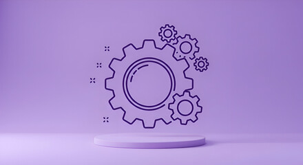 Line art of interconnected gears on a minimalist, lavender pedestal. Abstract representation of complex system with a modern, clean aesthetic.