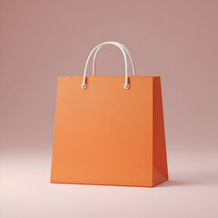 Orange shopping bag with white handles in a minimalist studio setting. Empty bag rests on a simple blush background. Retail mockup for commercial use. New York City.