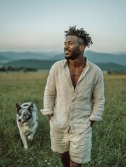 Farmer walking through field with dog enjoying nature and freedom