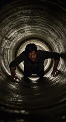 A man crawls through a dark, circular tunnel, his face illuminated by the dim light at the far end.