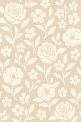 Elegant seamless floral pattern with roses and blossoms in soft beige and ivory tones. Minimalist botanical design suitable for fabric, wallpaper, wrapping paper, stationery, and home d&eacute;cor projects.