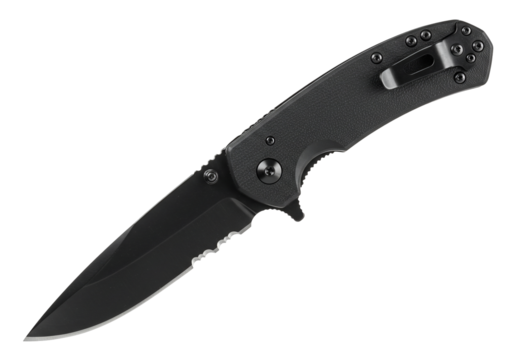 Black folding knife with serrated blade on transparent background