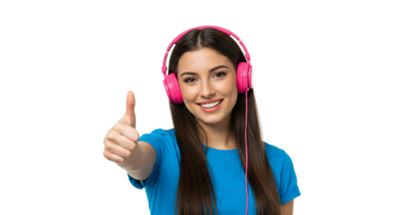 Smiling woman wearing headphones and giving thumbs up