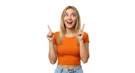 Woman pointing upwards excited expression transparent background