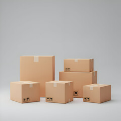 Empty cardboard boxes of various sizes stacked and arranged on a plain light gray background. Empty cardboard boxes in a shipping/delivery setting.