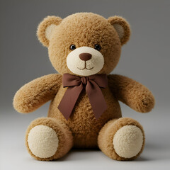 A brown teddy bear with a dark brown bow sits serenely on a neutral gray background. A child's toy with no specific location, demographic, or professional role.