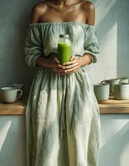 Woman holding green juice promoting healthy lifestyle in rustic kitchen