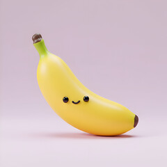 Cute banana with cartoonish features displayed on a pale pink background. Fruit is in a casual pose, leaning slightly to the side, against a minimalist background.