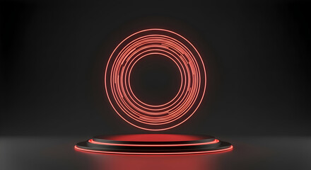 Abstract neon red circle design over a dark product display podium. Empty stage with glowing ring design in a minimal setting.