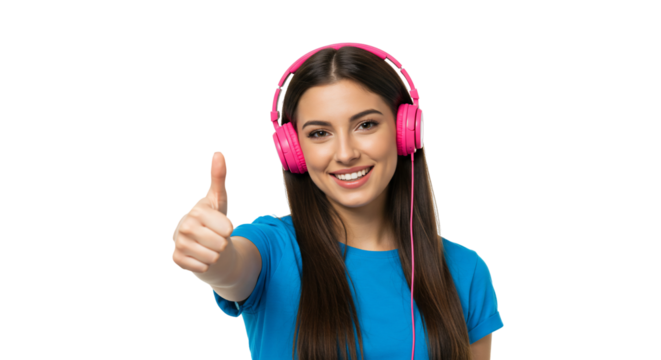 Smiling woman wearing headphones and giving thumbs up