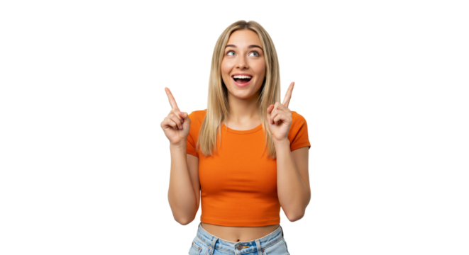Woman pointing upwards excited expression transparent background