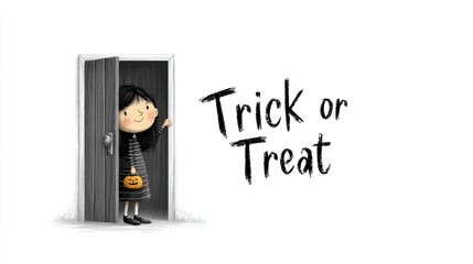 A cheerful child in a striped outfit stands at an open door, holding a pumpkin bag, inviting festive fun with the words "Trick or Treat, isolated on white background