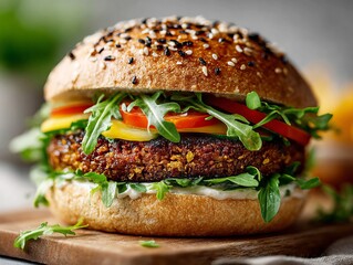 Delicious vegan burger with sesame bun, vegetables and special sauce displaying on wooden board