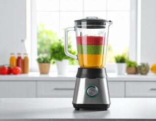 A modern stainless steel blender filled with colorful layered smoothies sits on a white kitchen counter with a bright window in the background, ready for a healthy drink.