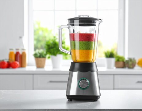 A modern stainless steel blender filled with colorful layered smoothies sits on a white kitchen counter with a bright window in the background, ready for a healthy drink.