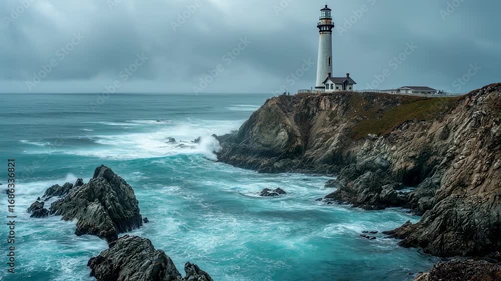 Poster captivating medium view of an iconic lighthouse on rugged cliffs the worn exterior crisp and vivid s