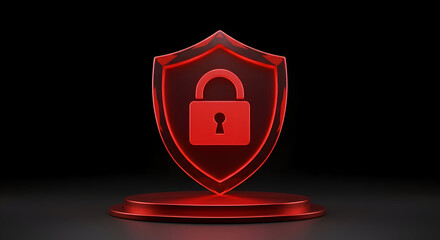 Red glowing shield icon with a locked symbol on a dark background. Abstract design element with a modern and secure theme.