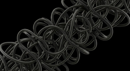 Abstract black twisted tubes in a complex, dynamic arrangement against a black background. Intricate, flowing curves and forms.