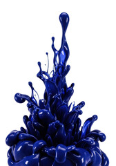A dramatic, vibrant surge of viscous deep indigo ink with glossy tendrils & clinging drops, frozen mid-air, studio lit on transparent with copy space. Abstract liquid art concept