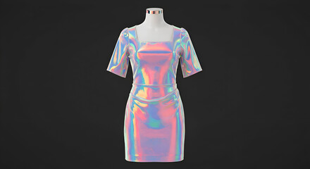 Holographic short dress on mannequin, showcasing a vibrant color gradient effect. Display of fashionable clothing item against a dark background.