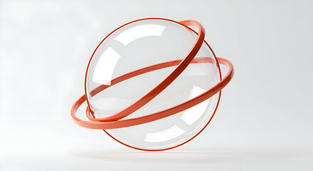 Abstract geometric orb with orange rings in a minimalist setting. Floating sphere with interwoven orange bands, against a clean white background. Modern design element -