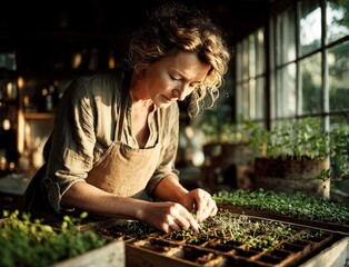 Woman gardener taking care of seedlings in greenhouse