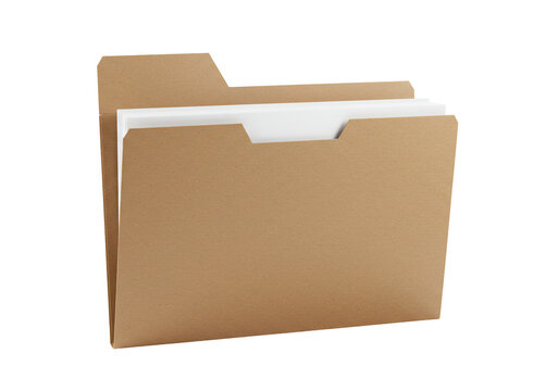 Brown paper folder with white papers inside on transparent background