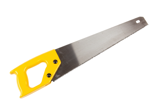 Hand saw with yellow handle isolated on transparent background