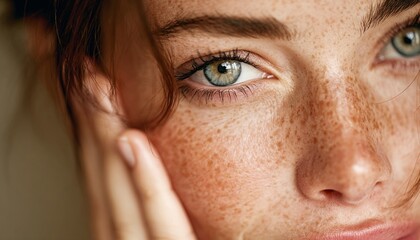 Close up of freckled face and eyes of young caucasian woman touching hair