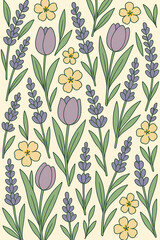 Seamless floral pattern featuring lavender, tulip, and yellow blossoms with green leaves on a soft cream background. Perfect for textile design, wallpaper, packaging, stationery, and spring-themed