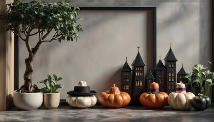 Obraz premium Whimsical Fall Decor Arrangement with Haunted House Silhouettes