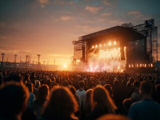 Crowd enjoying live music at sunset during open air festival