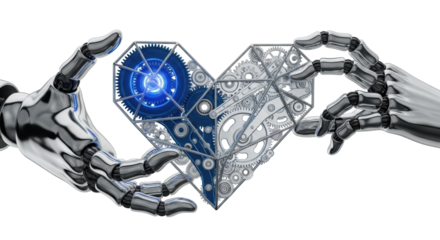 Detailed chrome robotic hands gently cradle an intricate, glowing blue gear heart against a transparent background, studio shot, concept of advanced engineering innovation