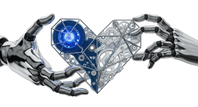 Detailed chrome robotic hands gently cradle an intricate, glowing blue gear heart against a transparent background, studio shot, concept of advanced engineering innovation
