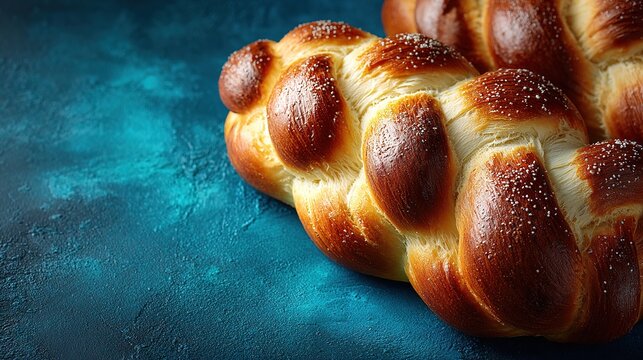 Purim Theme. Overhead Shot of Freshly Baked Challah on a Blue Backdrop. Empty Space for Your Message or Advertisement. Festive and Inviting Design.