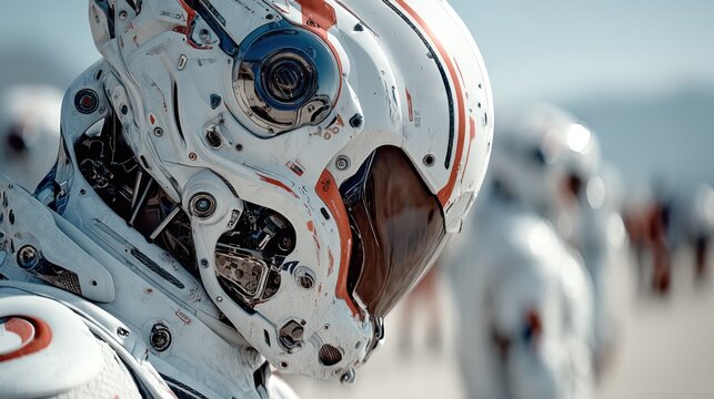 Advanced robotic humanoid squad marching, futuristic armor with weathered texture