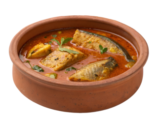 Fish curry in earthen pot with floating oil isolated on a transparent background terracotta