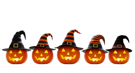 Five glowing carved halloween pumpkins wearing striped witch hats isolated on transparent background