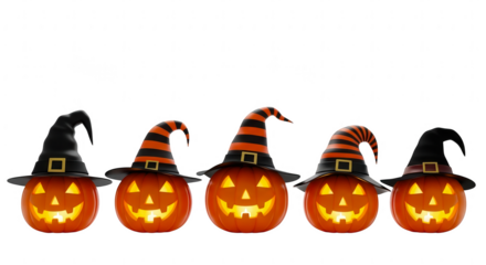 Five glowing carved halloween pumpkins wearing striped witch hats isolated on transparent background