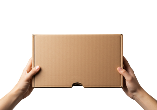 Hands holding cardboard box blank packaging delivery mockup