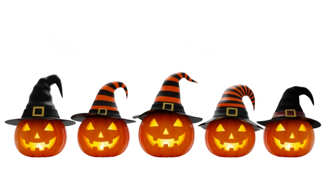 Five glowing carved halloween pumpkins wearing striped witch hats isolated on transparent background