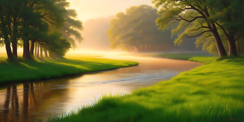 Peaceful riverbank covered in soft morning mist with tranquil vibes