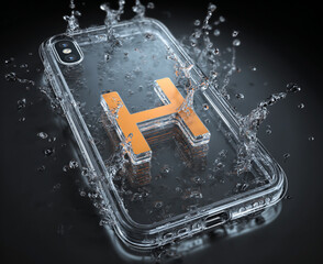 Transparent phone case with orange letter h and water splashes