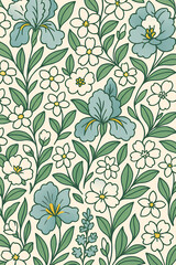 Seamless floral pattern with elegant hand-drawn flowers and leaves in soft green and white tones on a beige background. Perfect for fabric, wallpaper, packaging, wrapping paper, and modern decorative 