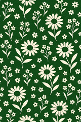 Seamless daisy floral pattern with simple cream flowers and leaves on a green background. Perfect for fabric, wallpaper, gift wrap, packaging, and modern decorative surface design.
