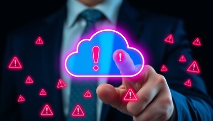 Businessman touching glowing cloud icon with warning symbols surrounding technology data
