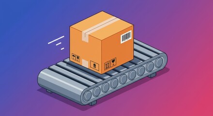 An isometric illustration of a cardboard box moving along a conveyor belt, highlighting efficient transportation.