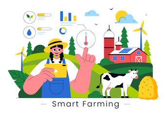 Fototapeta premium Smart Farming Technology Vector Illustration featuring a Farmer Managing His Industrial Farm Using a Tablet to Control Farming in a Flat Background